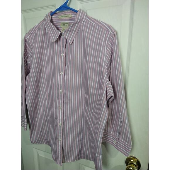 L.L. Bean Woman L Shirt Purple Pink Striped Button 3/4 Sleeve Wrinkle Resistant - Picture 2 of 8